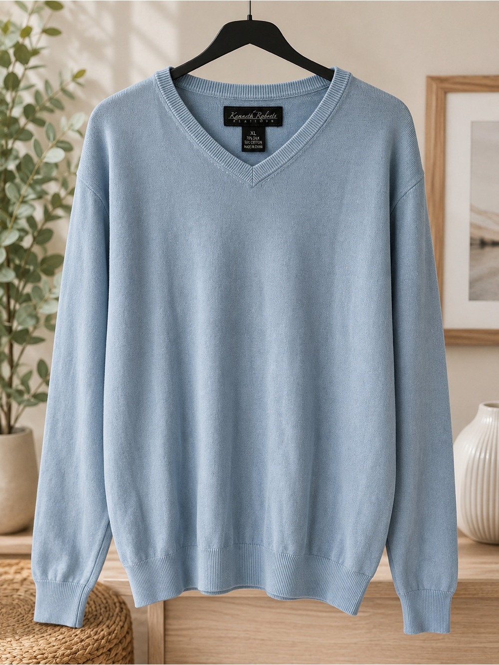 Men's Light Blue V-Neck Sweater by Kenneth Parker